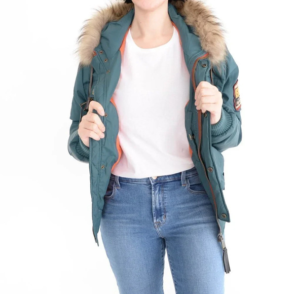 DSquared Deep Teal with Fur Trim Real Down Puffer Ski Snow Coat S - Picture 2 of 16